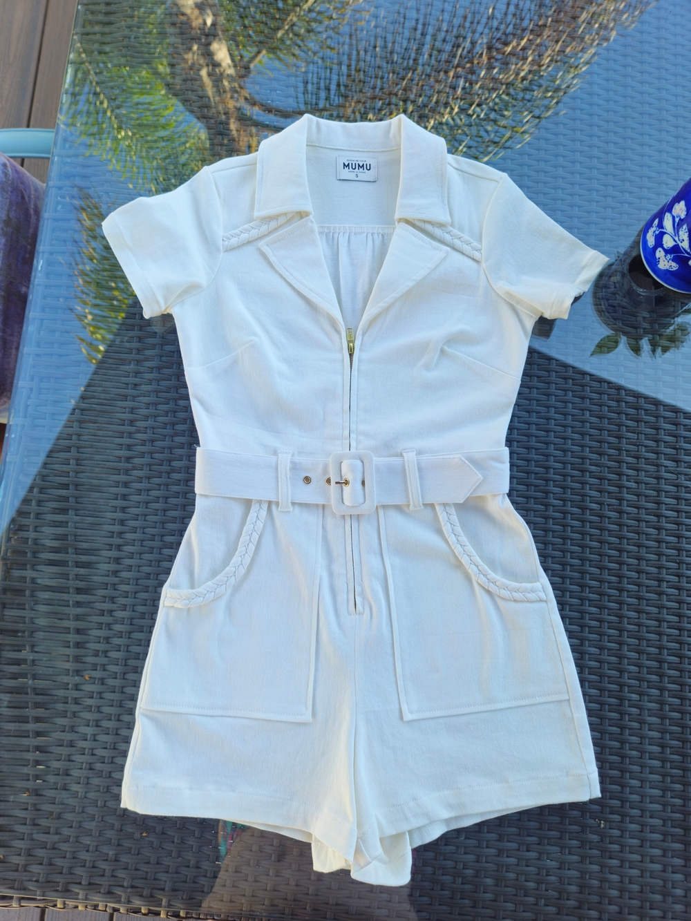 NWOT Show Me Your Mumu White Denim Outlaw Romper Zip Front Belt S